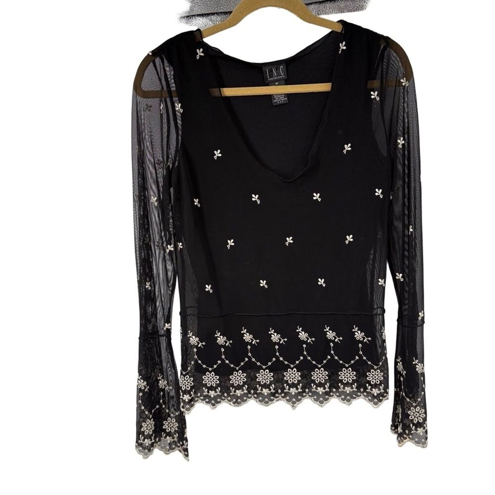 INC Black Sheer Embroidered Long Sleeve Floral Boho Elegant Y2K‎ Blouse Womens M